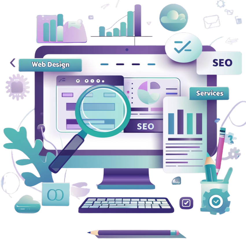 Service 1 2D flat digital illustration of a computer screen showcasing Website Design Services with a modern hero section and navigation bar.