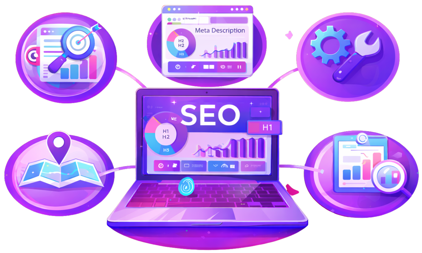 2D vector illustration of a laptop with SEO analytics and icons for modern Website Design Services.