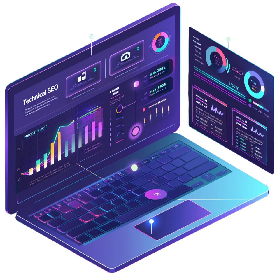 Technical SEO Dashboard showing site performance metrics and speed scores