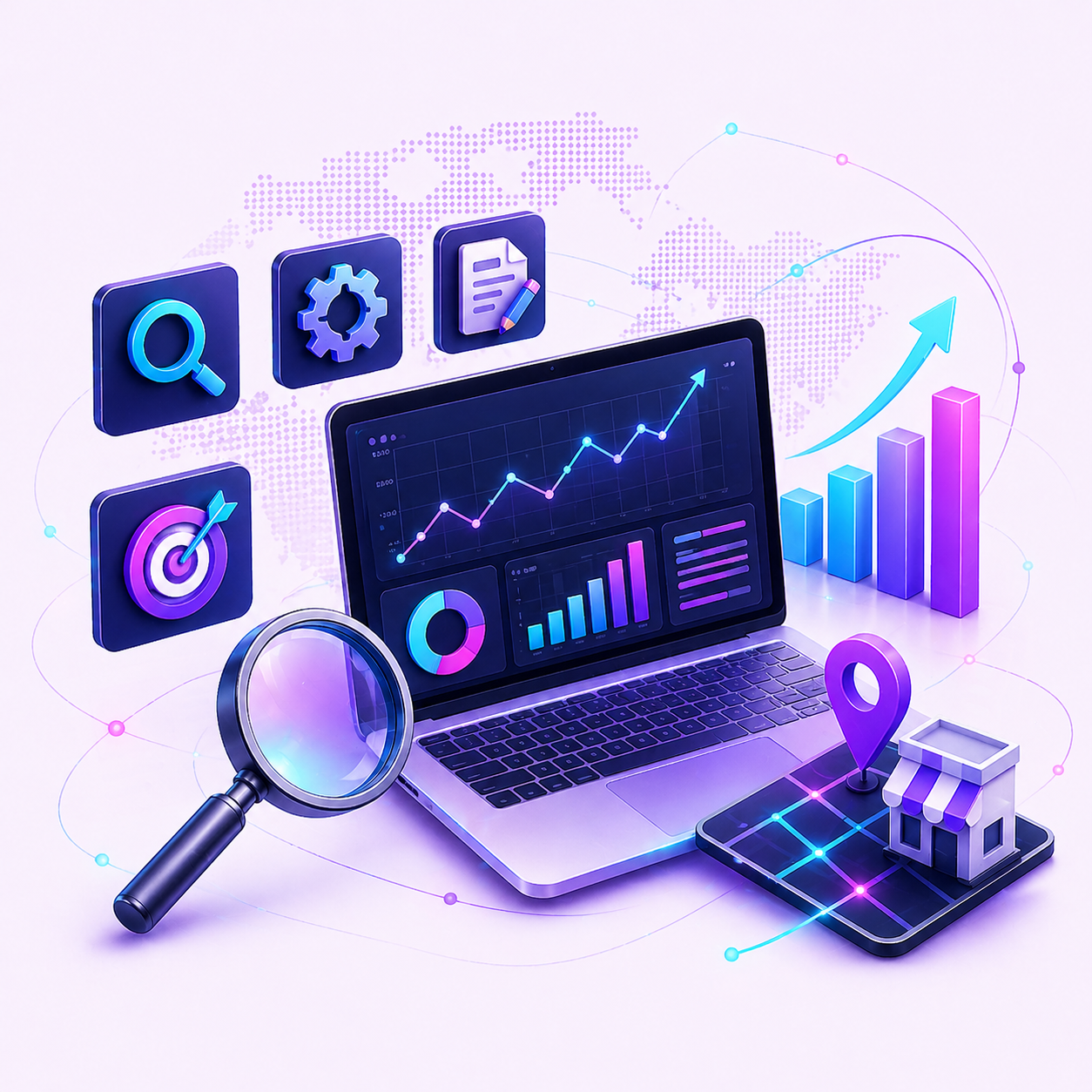 3D isometric laptop with growth charts and SEO icons representing Organic SEO Services.