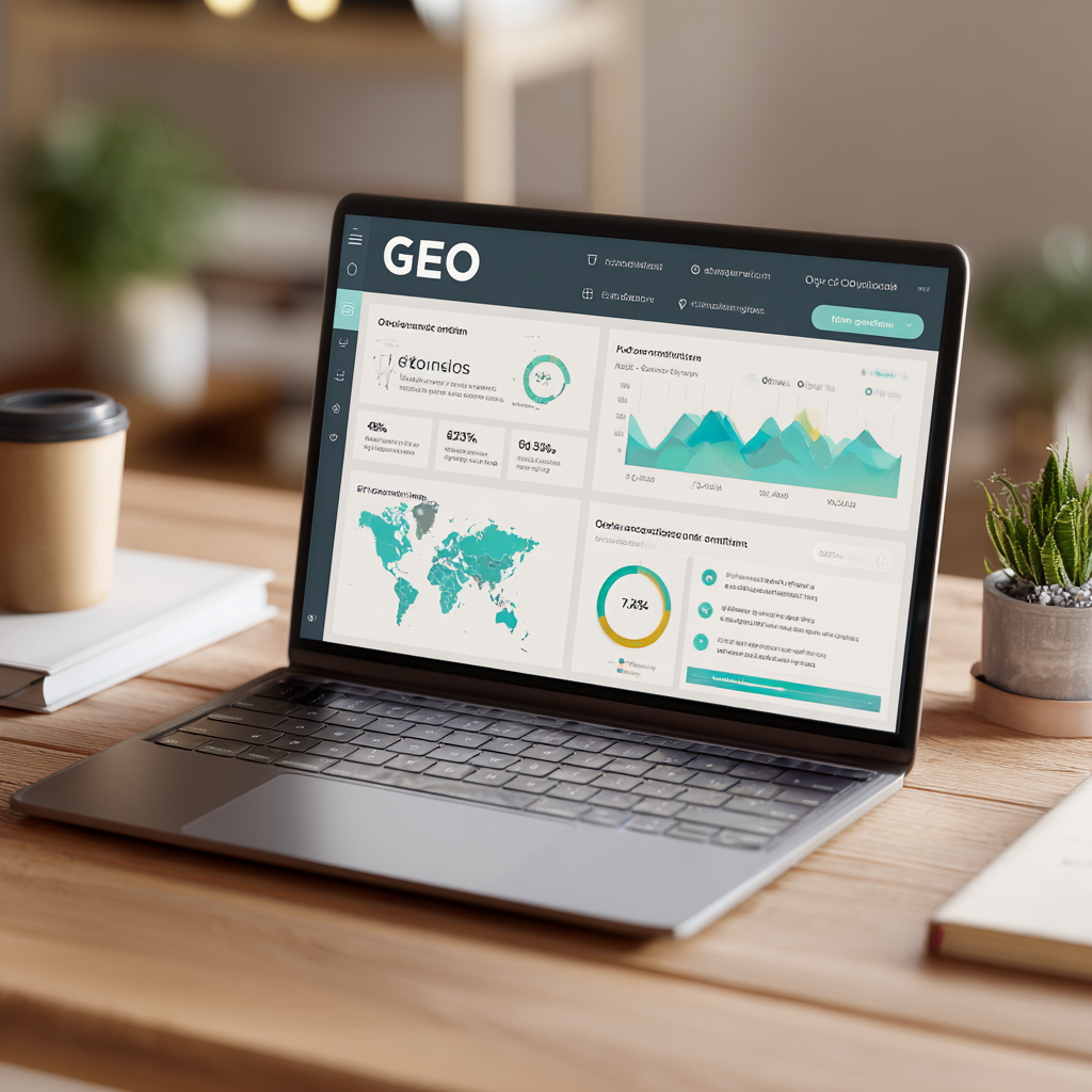 Sleek laptop screen showing a light UI dashboard optimized for generative engine inclusion rates and data.