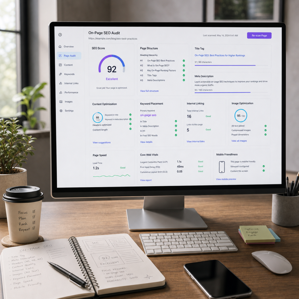 A realistic professional desktop monitor displaying an On-Page SEO optimization dashboard on a wooden desk.
