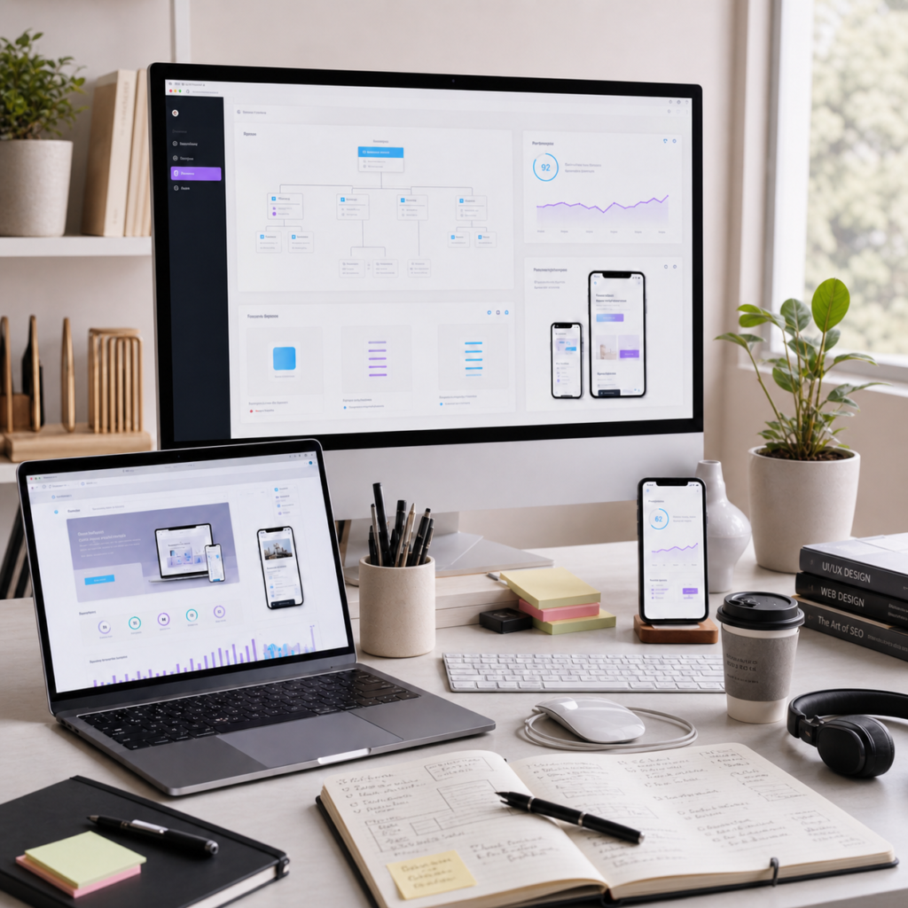 Desktop monitor showing SEO dashboards and website optimization metrics on a professional developer's desk.