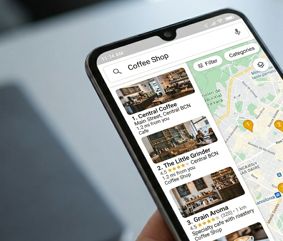 Close-up of a smartphone screen showing a Google Maps style search for nearby businesses, highlighting mobile seo local.