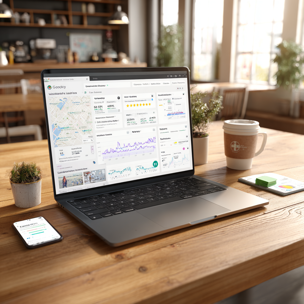 Modern laptop on a warm wooden desk displaying a business dashboard with maps and location pins for seo local optimization