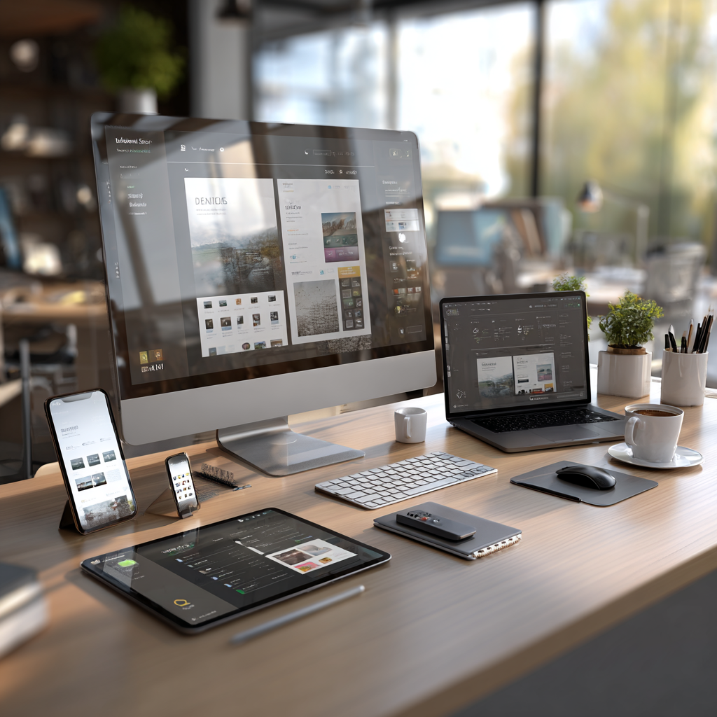 High-end office desk scene with multiple screens displaying unreadable layouts for professional website design and development.