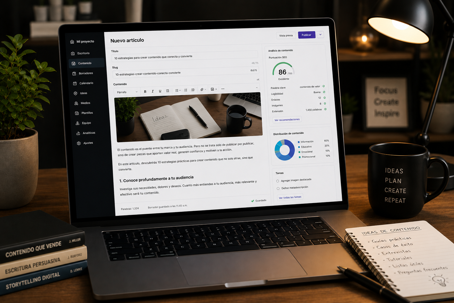 seo content marketing services 2 A photo-realistic modern workspace with a content strategy dashboard on a screen, representing effective SEO content marketing.
