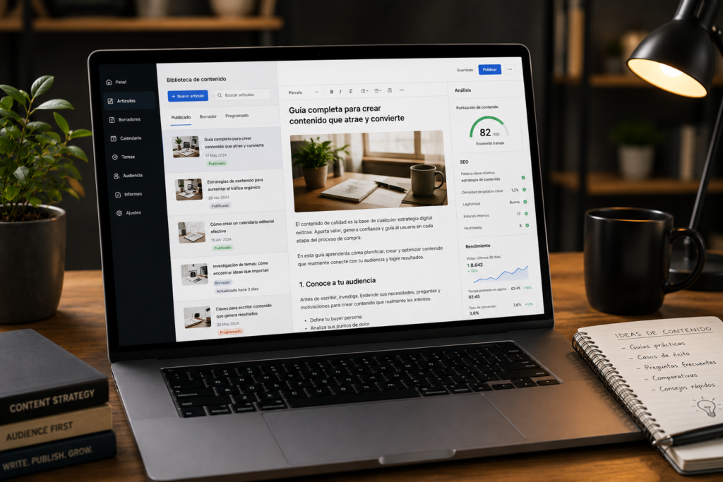 seo content marketing services 1 Sleek gray laptop on a wooden desk displaying a professional web-app dashboard for an advanced SEO content marketing campaign.