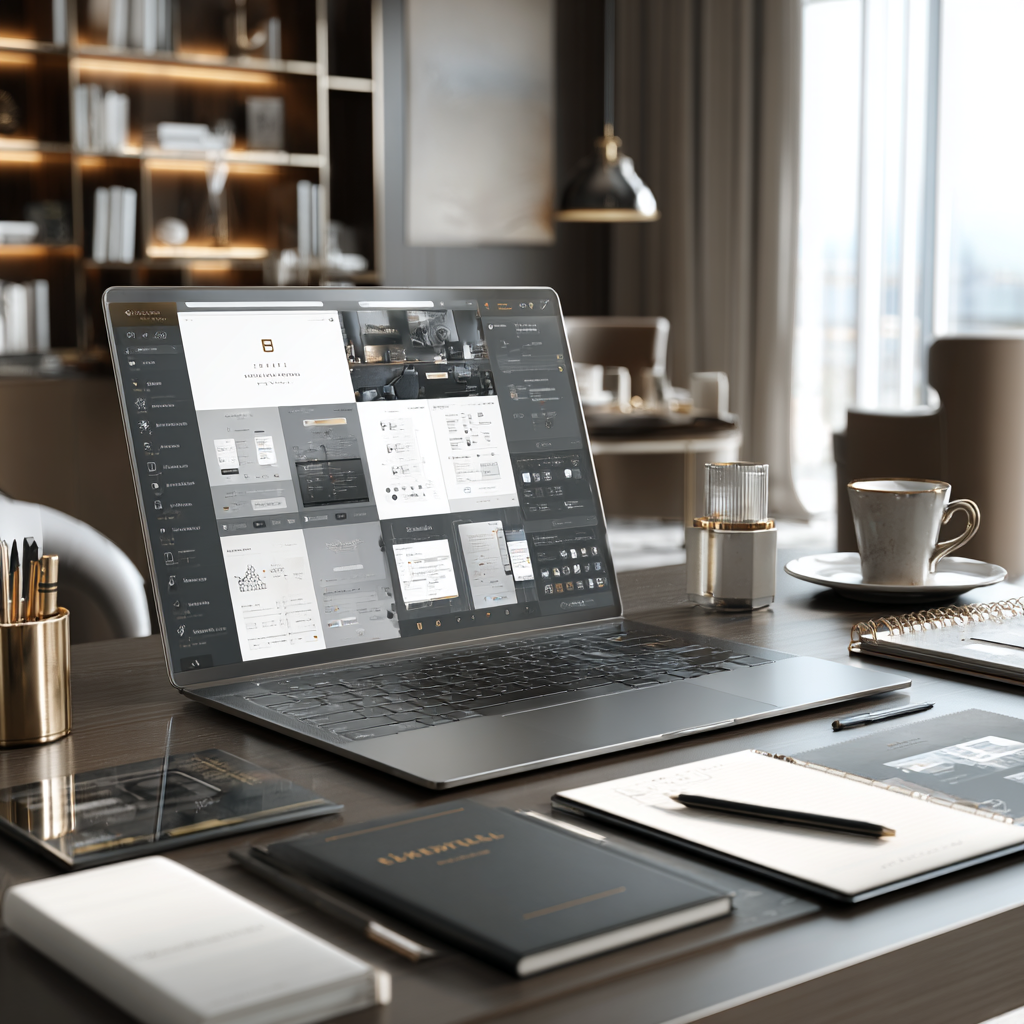 Discover trustworthy website design and development solutions for corporate growth. Realistic photography of an elegant tech workspace with a laptop and monitor.